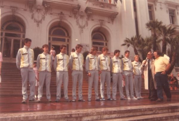 Peter Post and his Panasonic team at the start of the 1987 Giro d'Italia in San Remo.