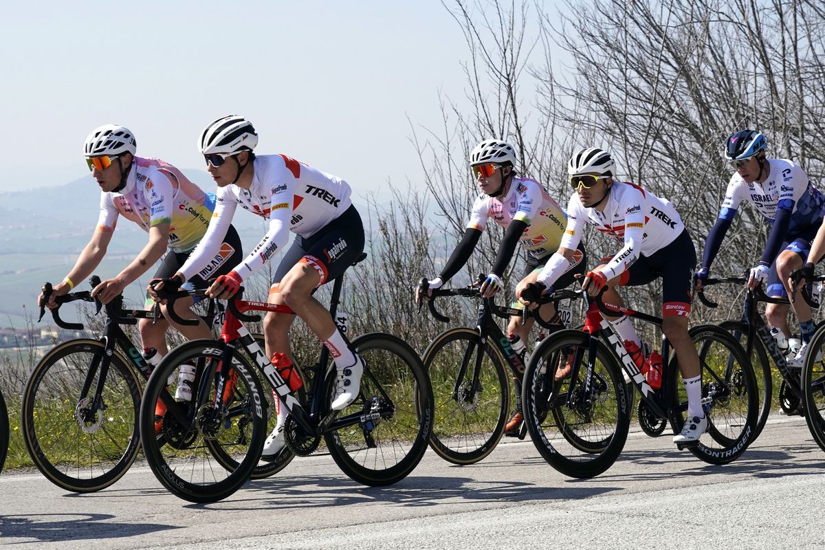Settimana Internazionale Coppi e Bartali 2022 37th Edition 1st stage Riccione Riccione 1646 km 22032022 Antonio Tiberi ITA Trek Segafredo Gianluca Brambilla ITA Trek Segafredo photo Massimo FulgenziSprintCyclingAgency2022