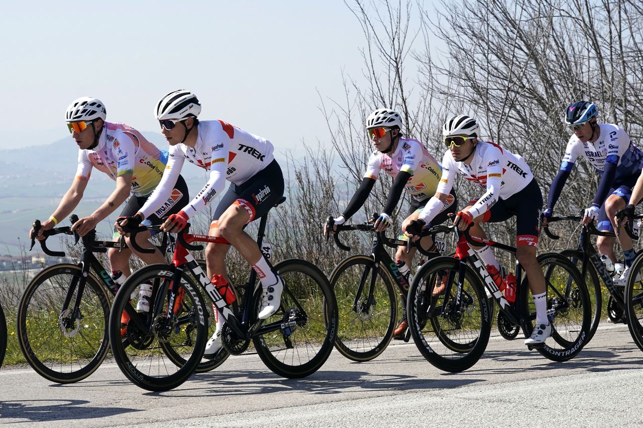 Settimana Internazionale Coppi e Bartali 2022 37th Edition 1st stage Riccione Riccione 1646 km 22032022 Antonio Tiberi ITA Trek Segafredo Gianluca Brambilla ITA Trek Segafredo photo Massimo FulgenziSprintCyclingAgency2022