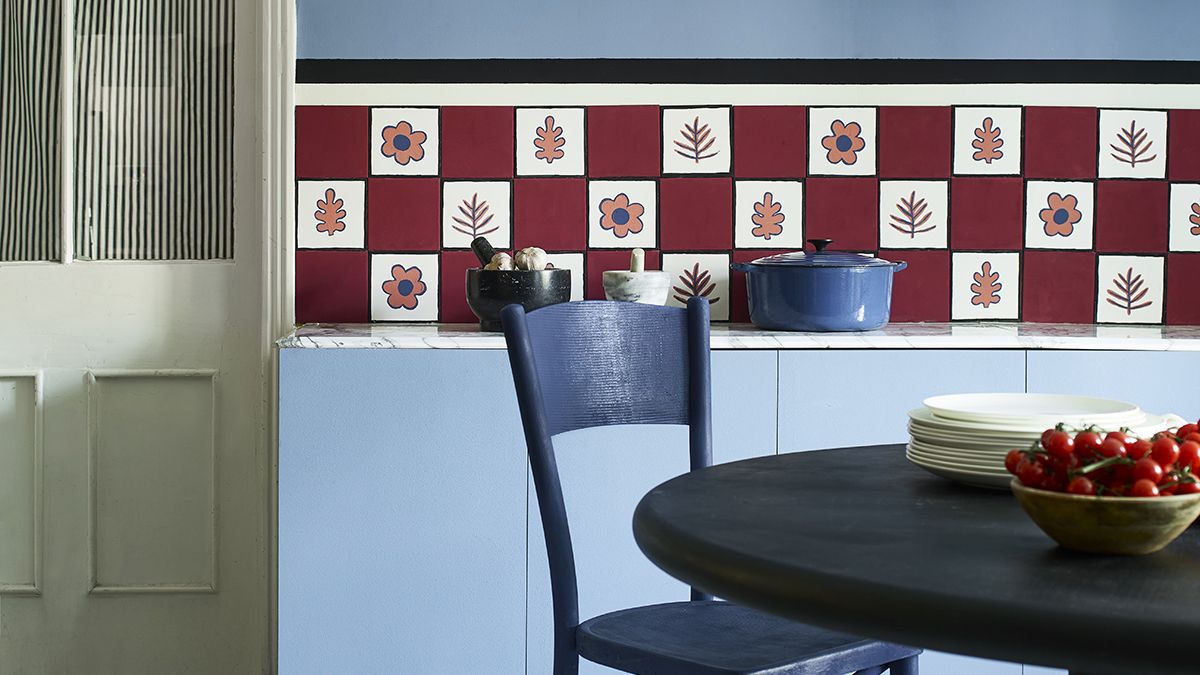 Dining table trends in a blue painted kitchen