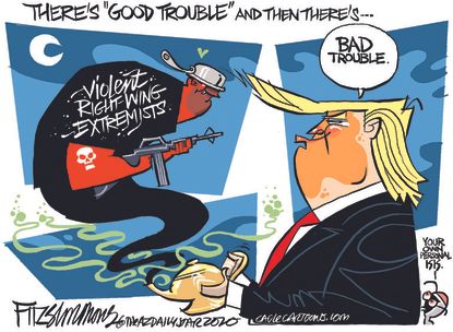 Political Cartoon U.S. Trump bad trouble protest shootings