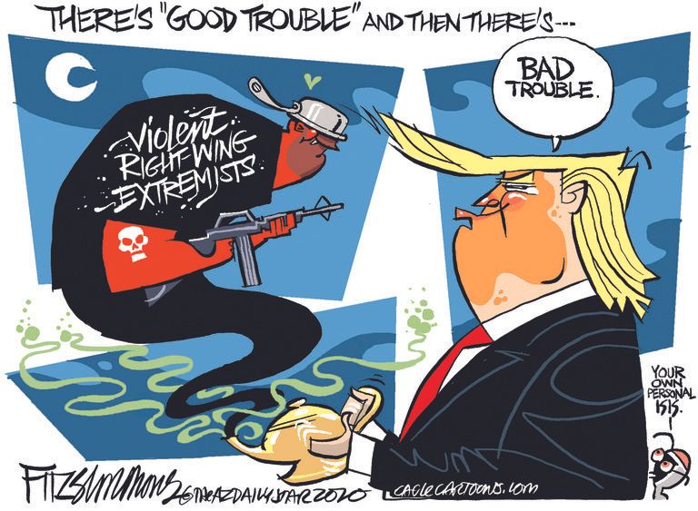 Political Cartoon U.S. Trump bad trouble protest shootings