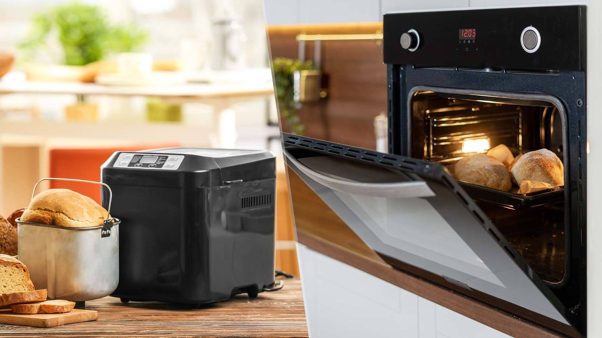 A bread machine and an open oven which is baking bread