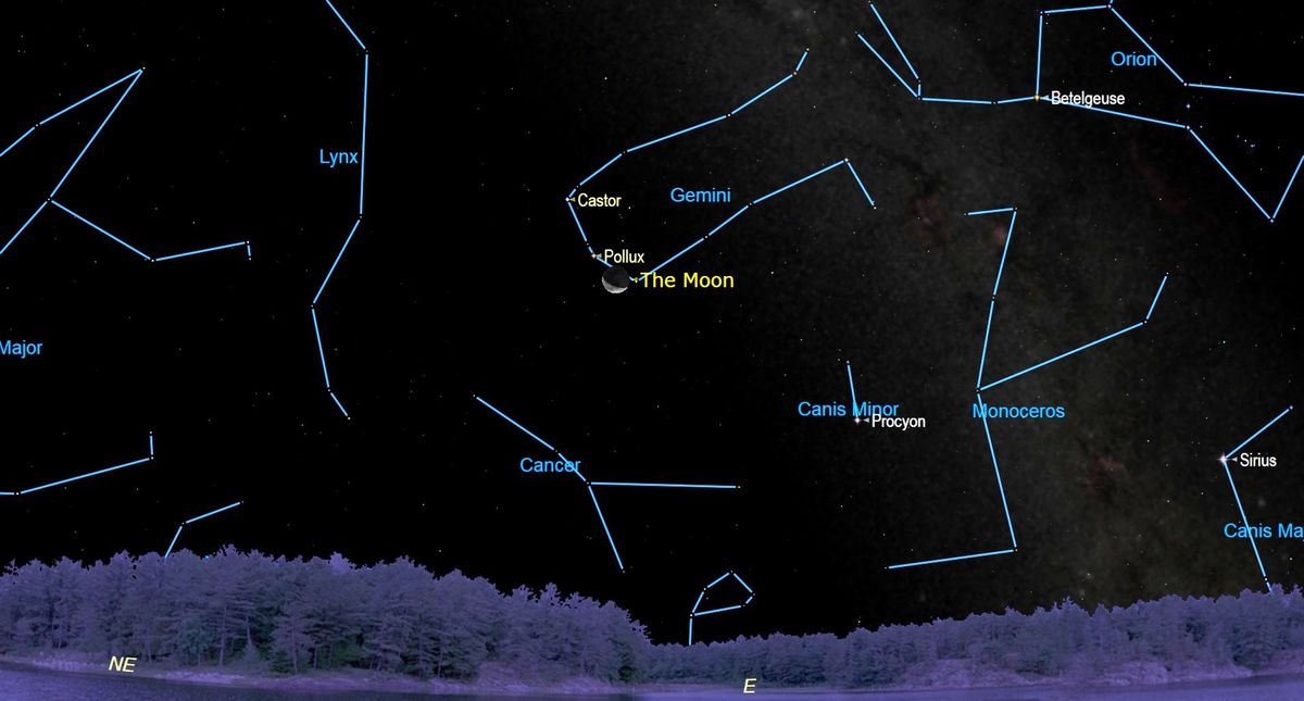 An illustration of the night sky on Sept. 20, 2022 showing the moon and Pollux next to one another 