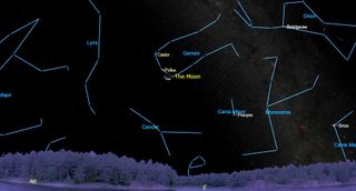 An illustration of the night sky on Sept. 20, 2022 showing the moon and Pollux next to one another 