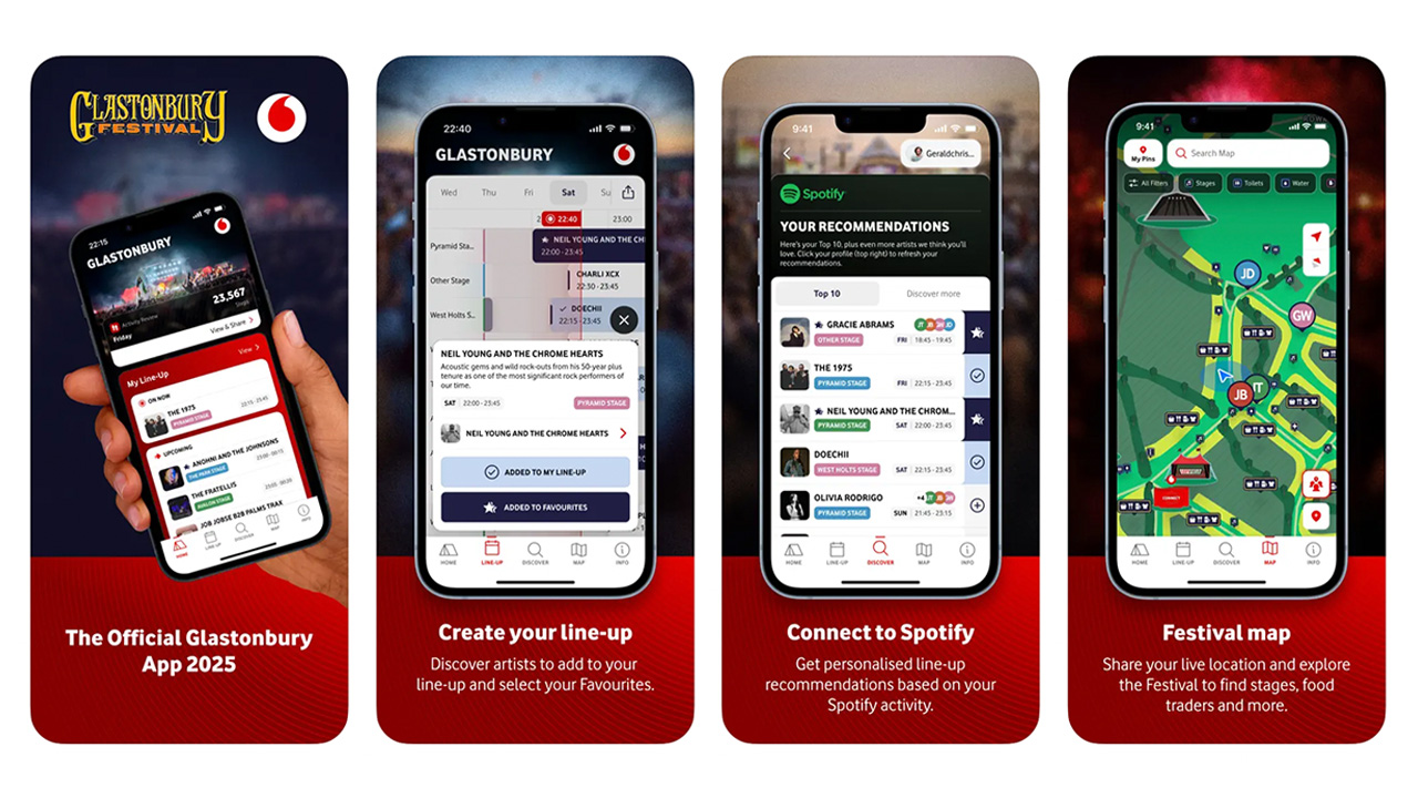 Four screenshots of the official Glastonbury 2025 app