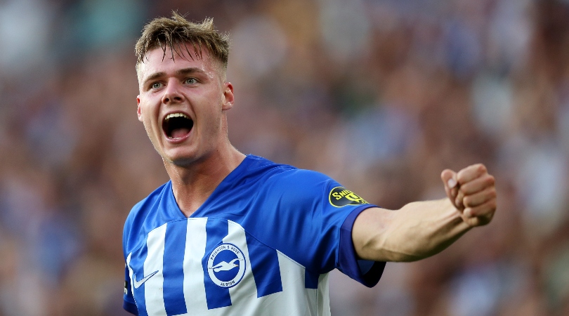 Evan Ferguson celebrates one of his three goals for Brighton against Newcastle in the Premier League in September 2023.