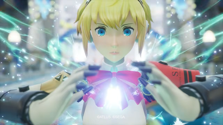 Persona 3's Aigis poses in a screenshot for Sonic Racing Crossworlds DLC
