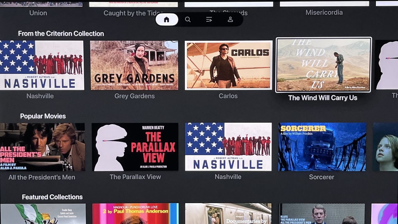 The Criterion channel app interface showing movie tiles
