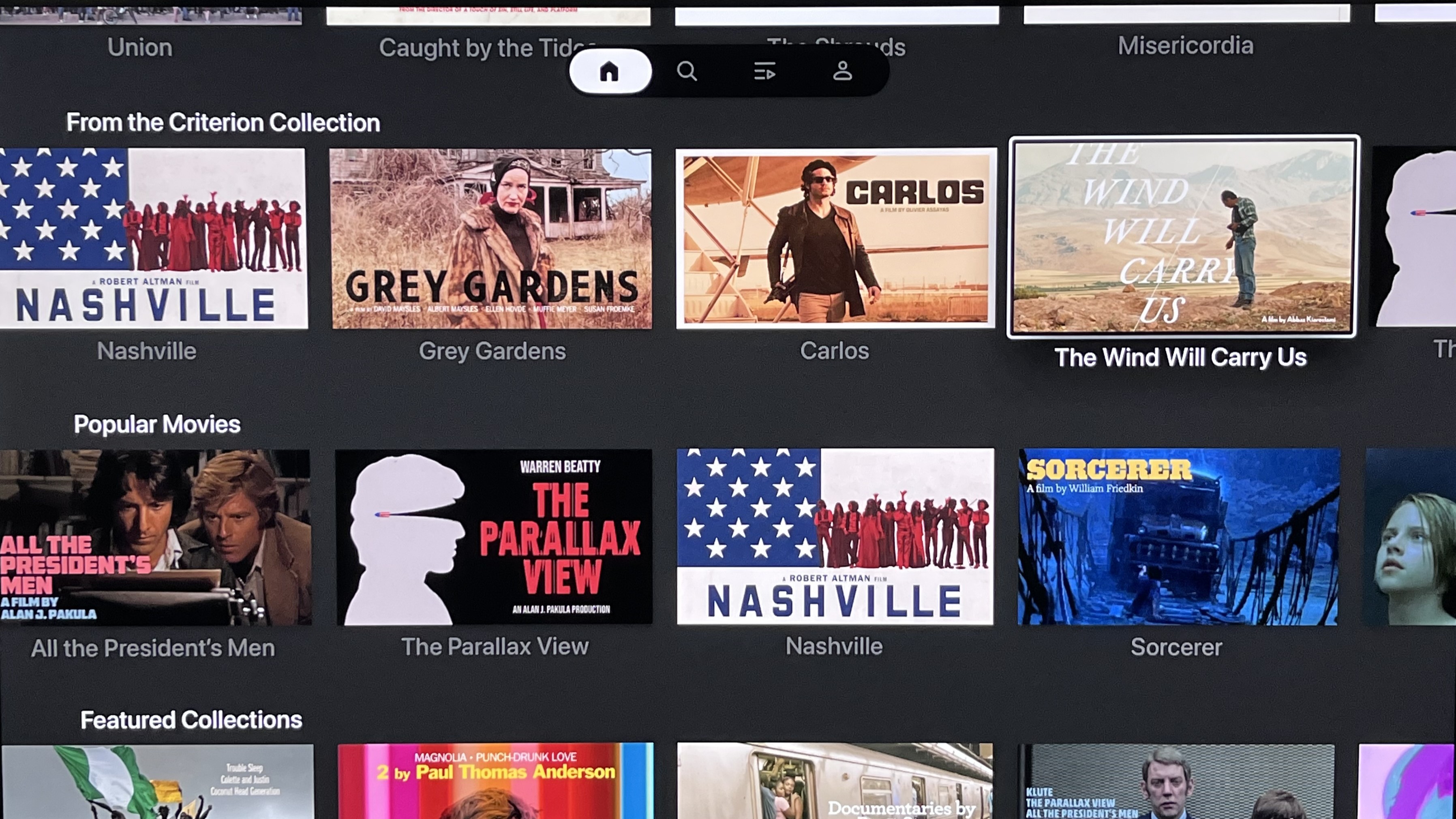 The Criterion channel app interface showing movie tiles