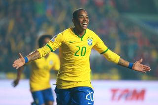 Robinho celebrates after scoring for Brazil against Paraguay at the 2015 Copa America.