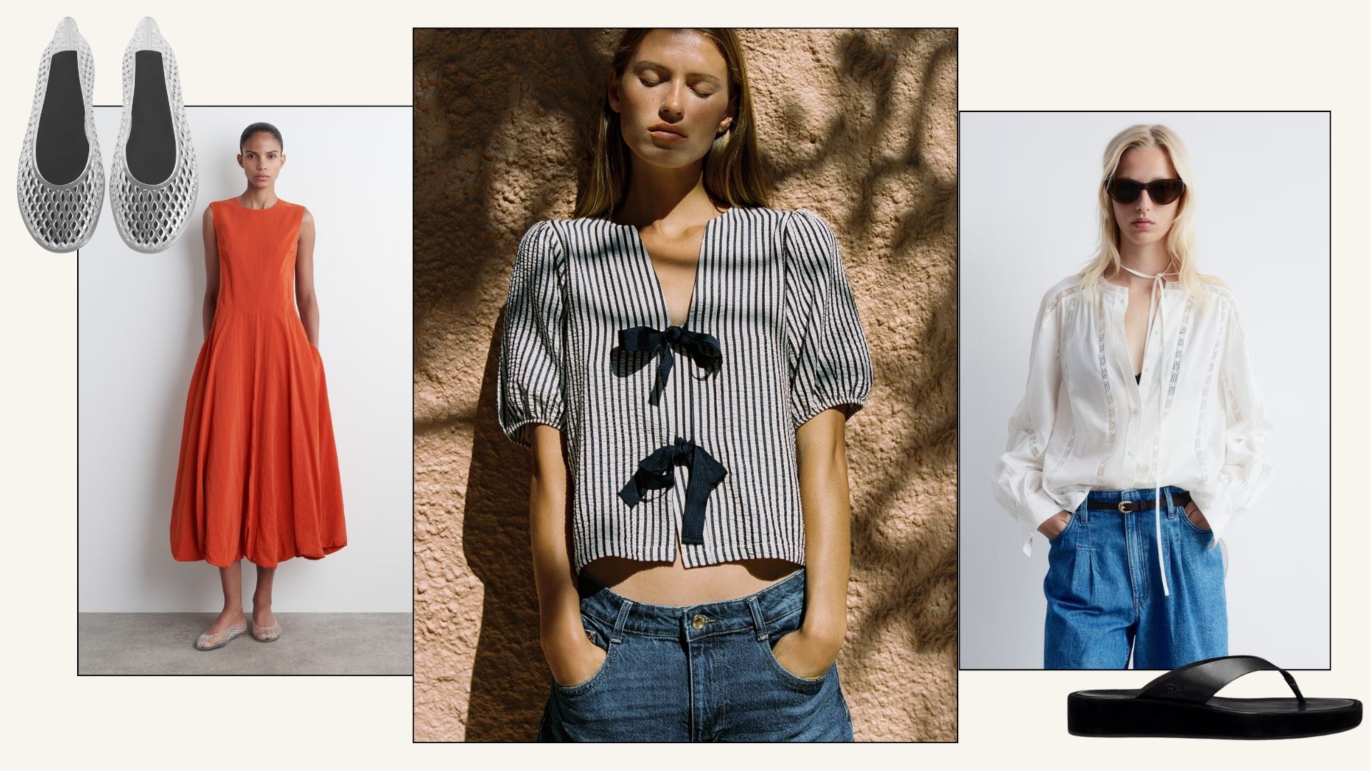 models wearing blouse, dress and jeans