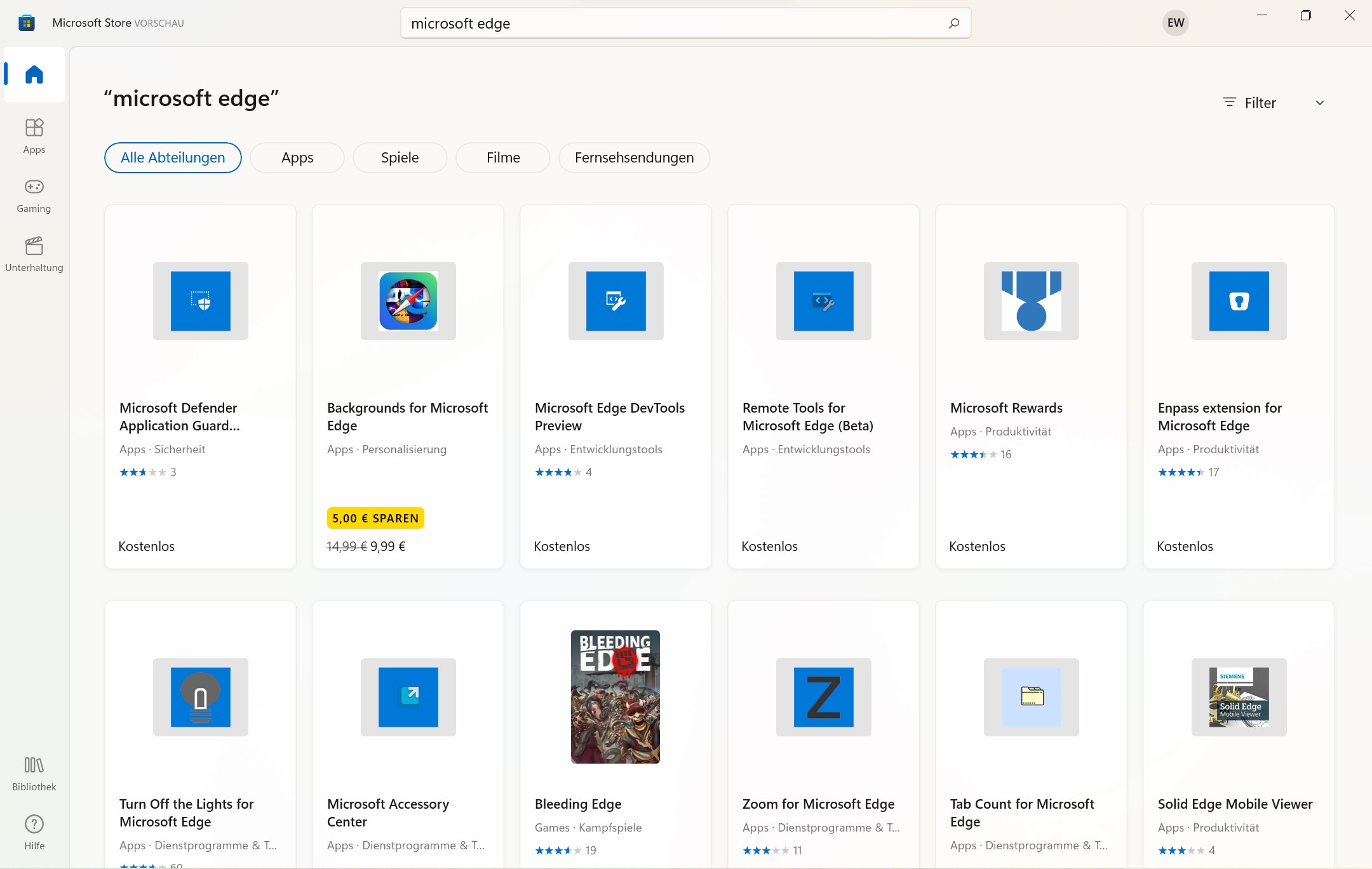 Microsoft Store mit Edge Erweiterungen
