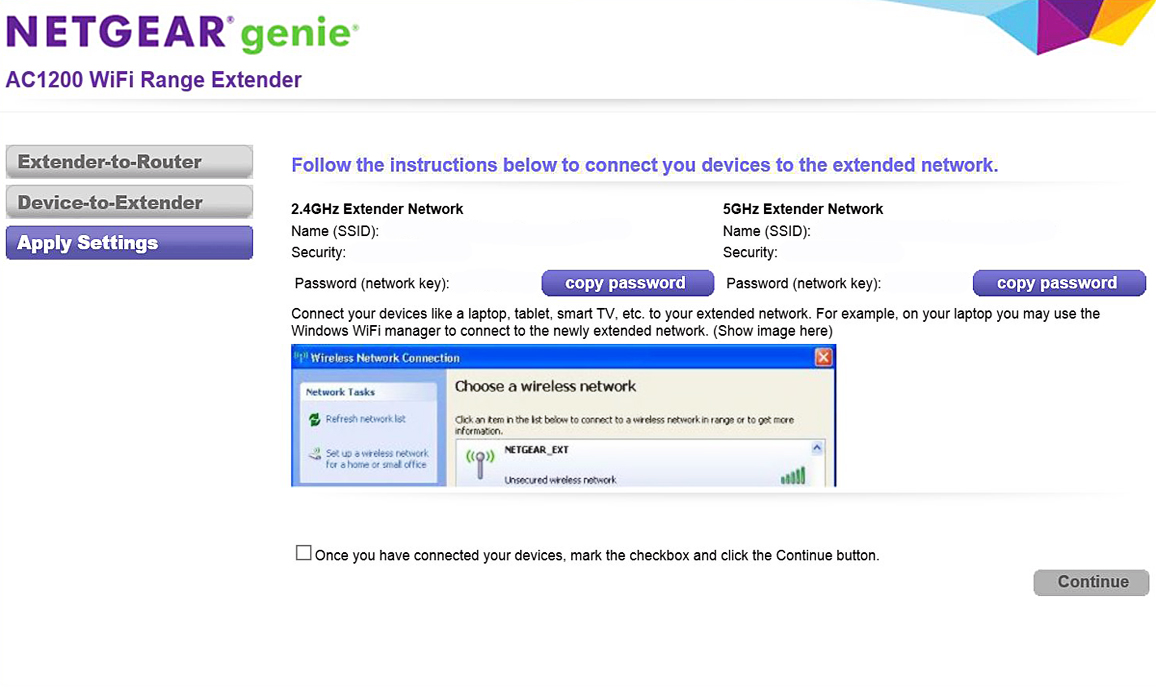Screenshot of the configuration page for a Netgear EX6200 WiFi Range Extender. Note that both the 2.4 GHz and the 5 GHz networks are being extended.