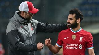 Liverpool manager Jurgen Klopp and forward Mohamed Salah after a game against Atalanta in 2020.