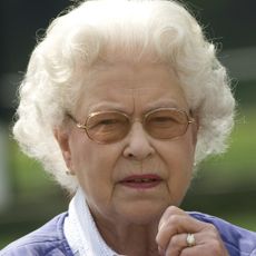 Queen Elizabeth looking concerned and holding her hand up