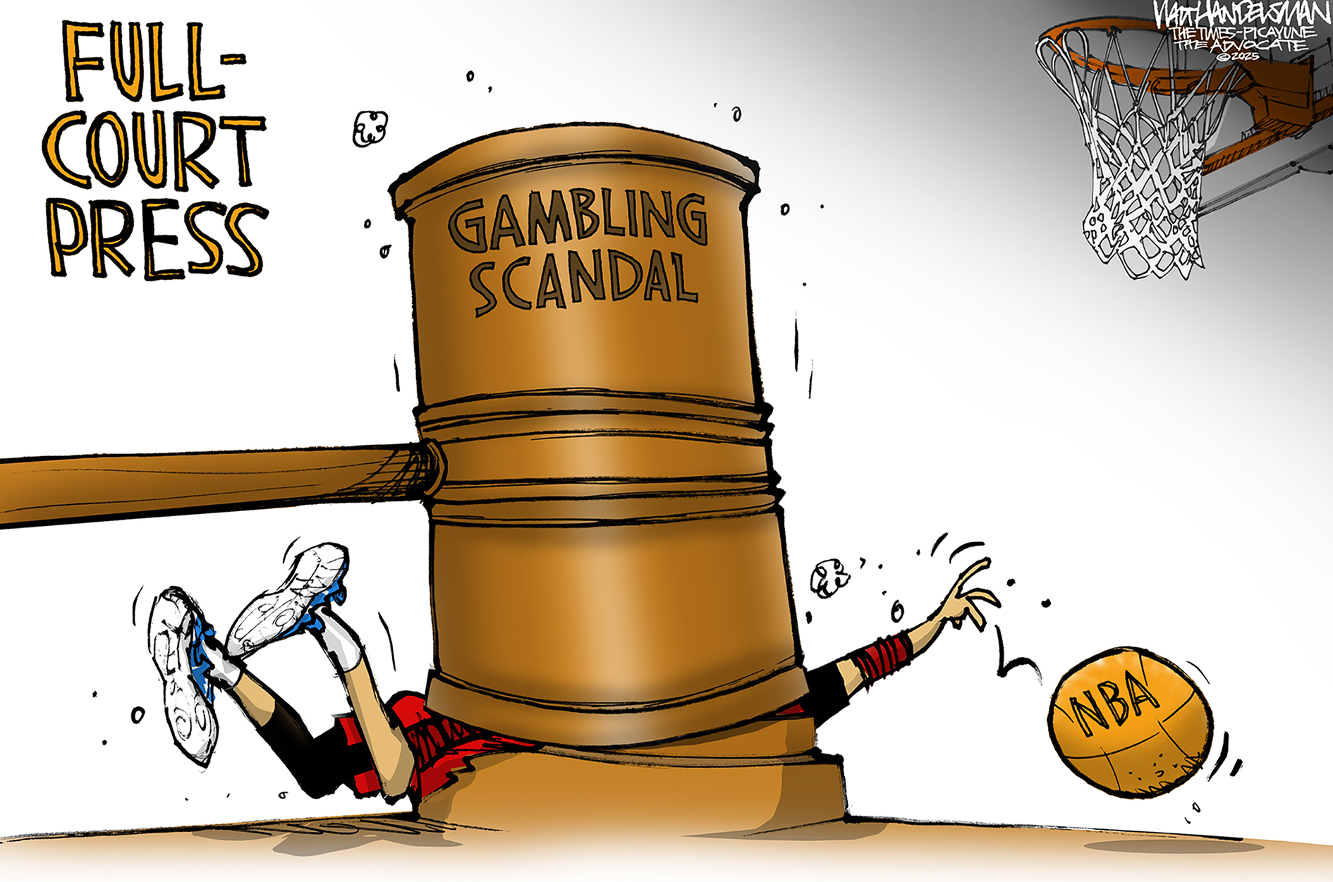This cartoon is titled “Full-Court Press” and depicts a giant gavel labeled “Gambling Scandal” coming down hard on a basketball court and an NBA player, who then drops the basketball.