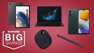 A selection of Samsung devices on a red background including phones, tablets and laptops