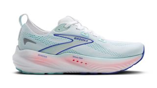 Brooks Glycerin 22 white running shoe with green, blue and pink accents on white background