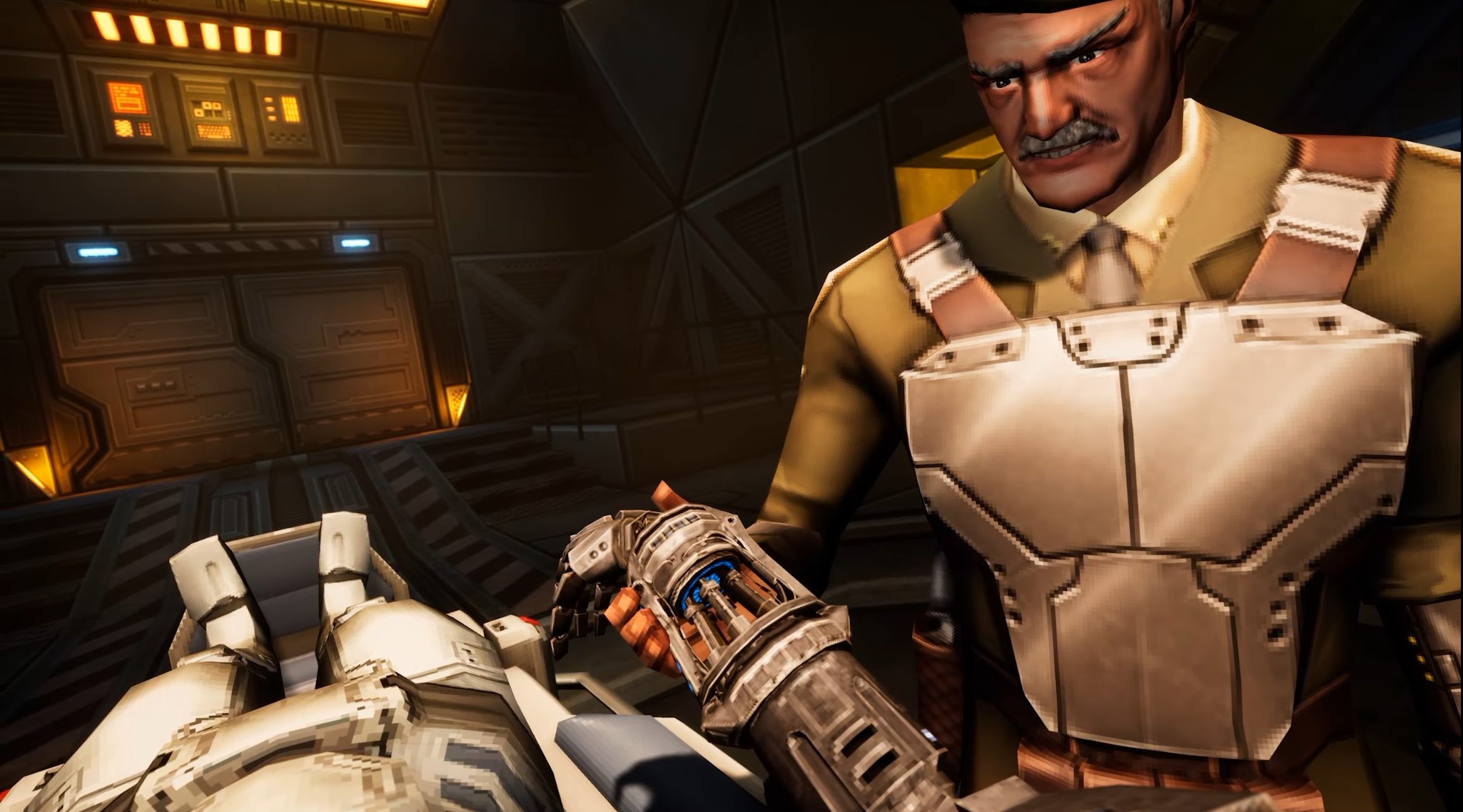First person view of robot arm, mustachioed army general guy looking down at you and holding your robot hand.