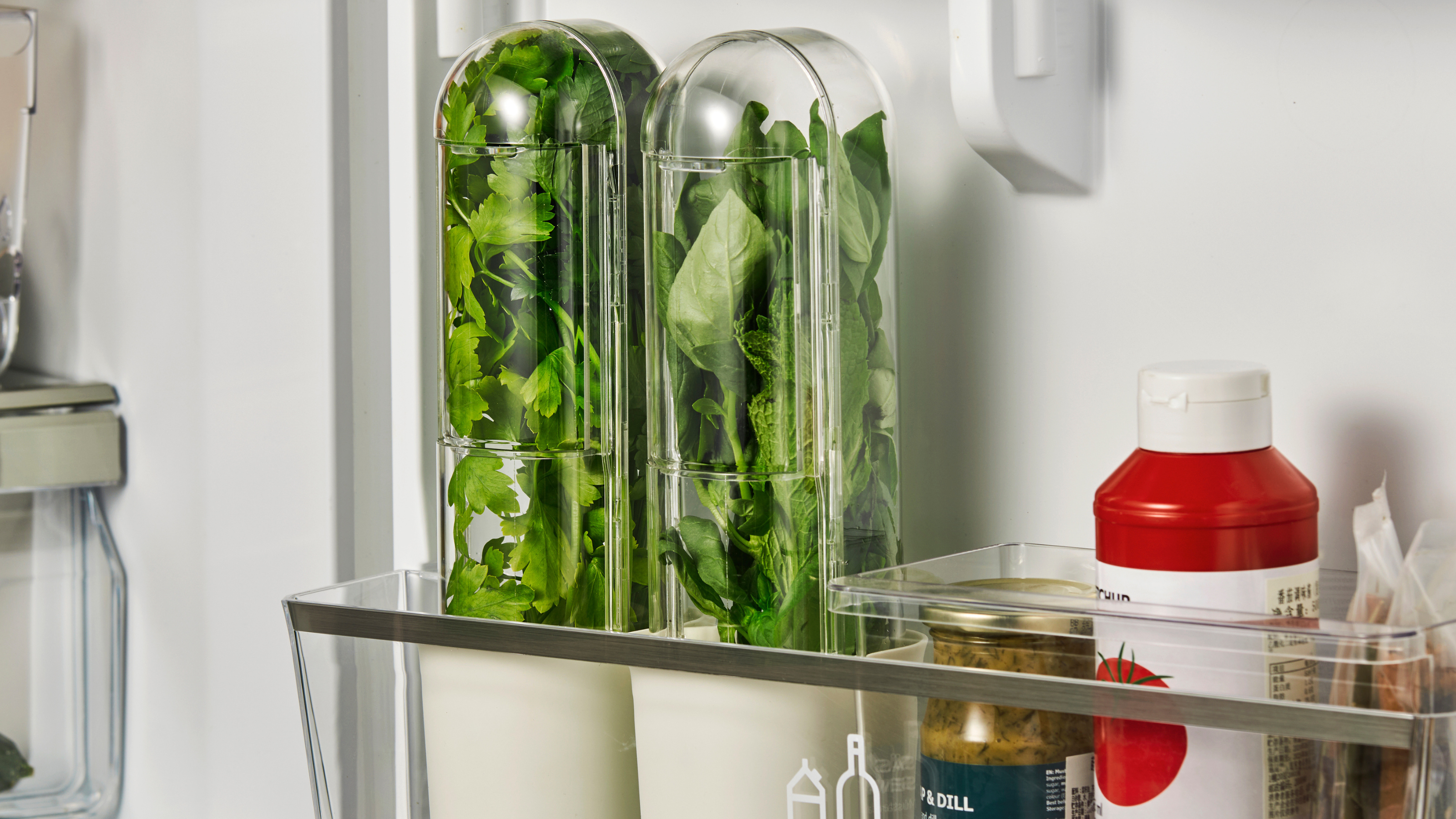 herb holders from IKEA in a fridge 