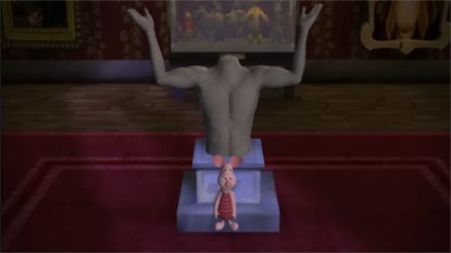 piglet in front of a headless statue with it's arms outstretched