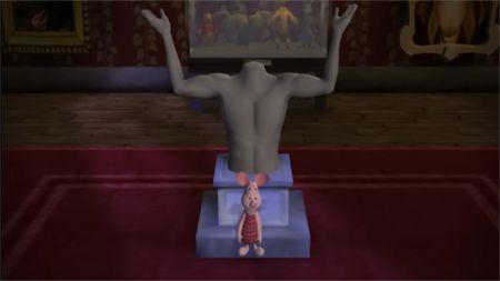 piglet in front of a headless statue with it's arms outstretched