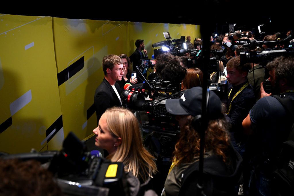PARIS FRANCE OCTOBER 25 Valentin Madouas of France and Team GroupamaFDJ meets the media press during the 111th Tour de France 2024 3rd Tour de France Femmes 2024 Route Presentation UCIWT UCIWWT on October 25 2023 in Paris France Photo by Dario BelingheriGetty Images