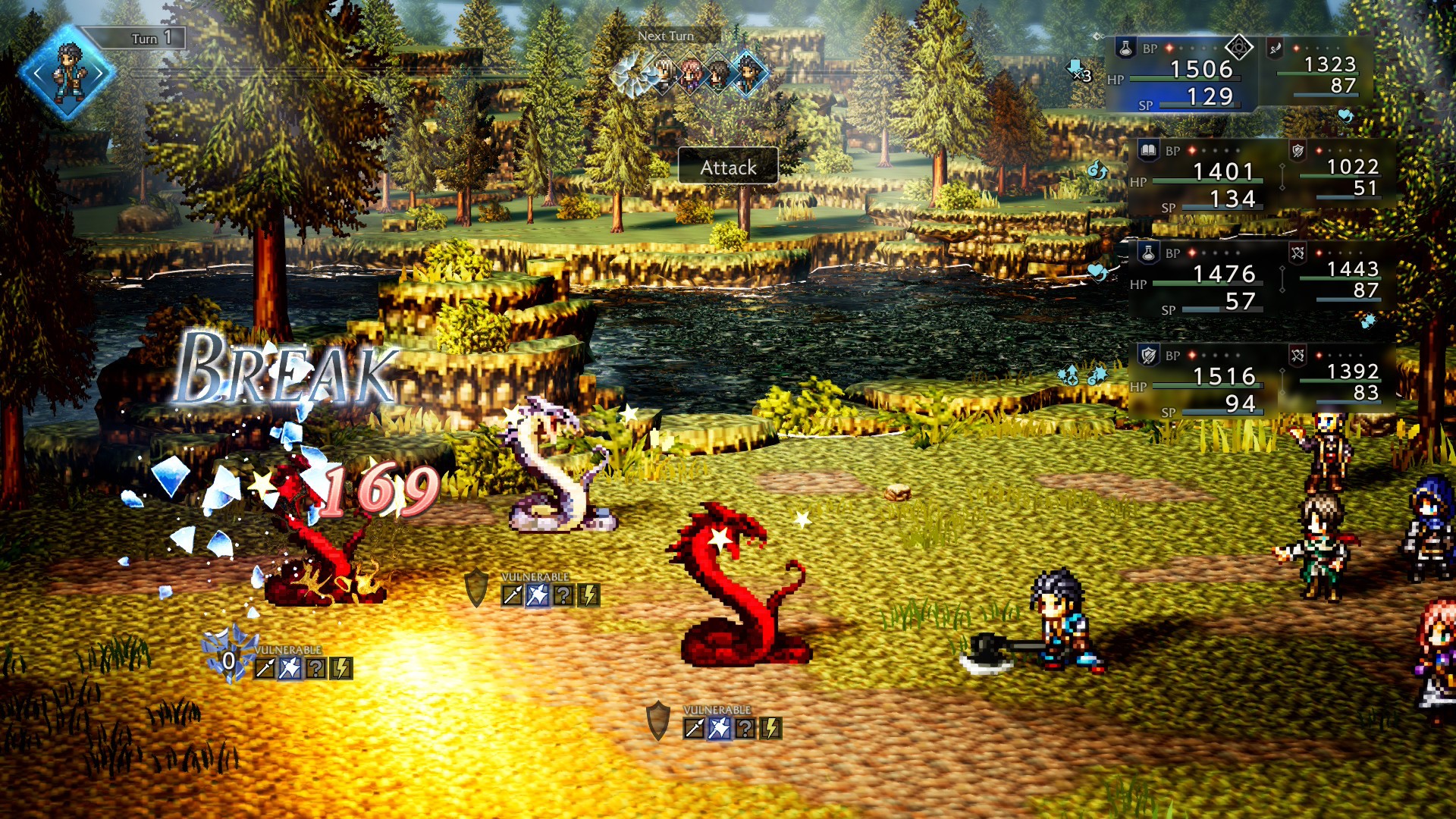 The party uses an axe to break the defence of enemy snakes in Octopath Traveler 0