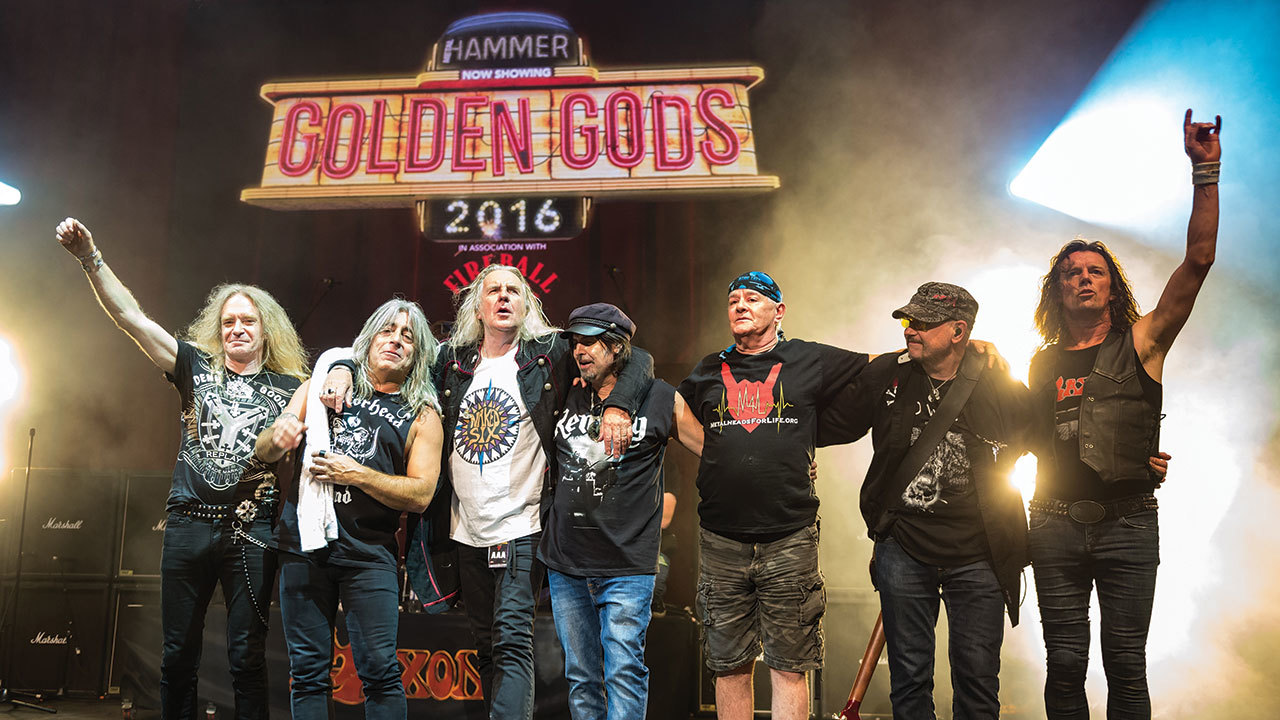 A photograph of Saxon and Motorhead together on stage at the Golden Gods 2016