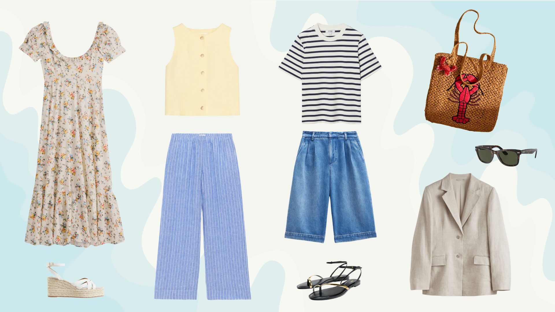 A range of summer clothes that comprise a summer capsule wardrobe