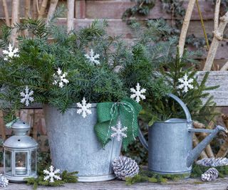 evergreen foliage with snowflake decorations