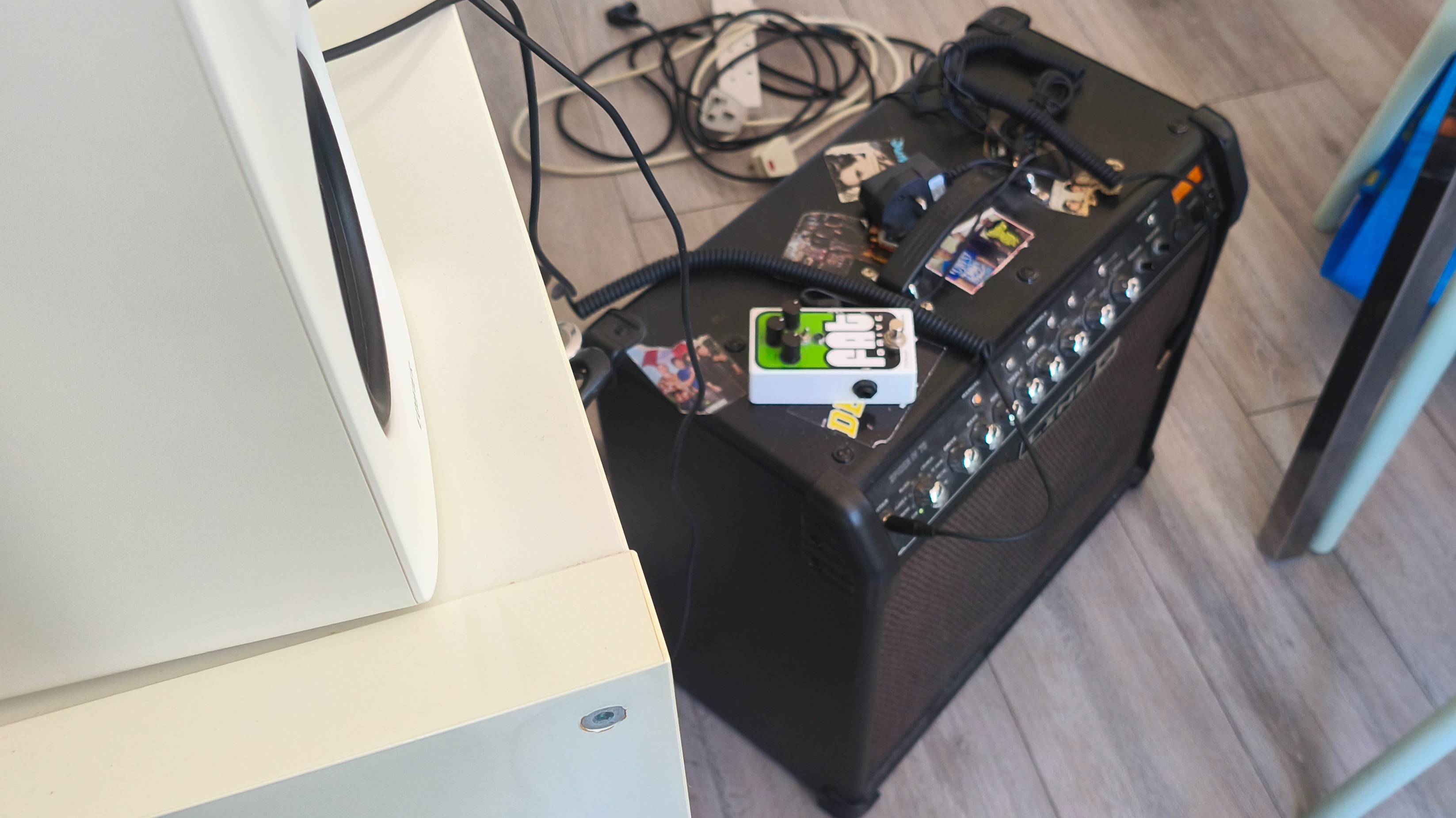 The Line 6 Spider IV amp with a Pigtronix Fat Drive pedal on top.