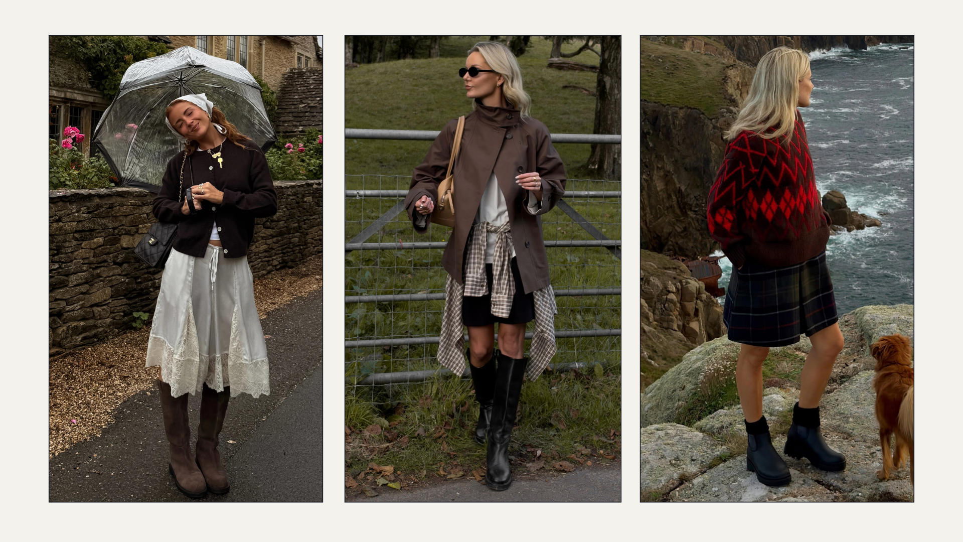 Influencers Rebecca Ferraz Wyatt, Lucy Williams and Nina Lea Jolley wearing autumn staycation outfits. 