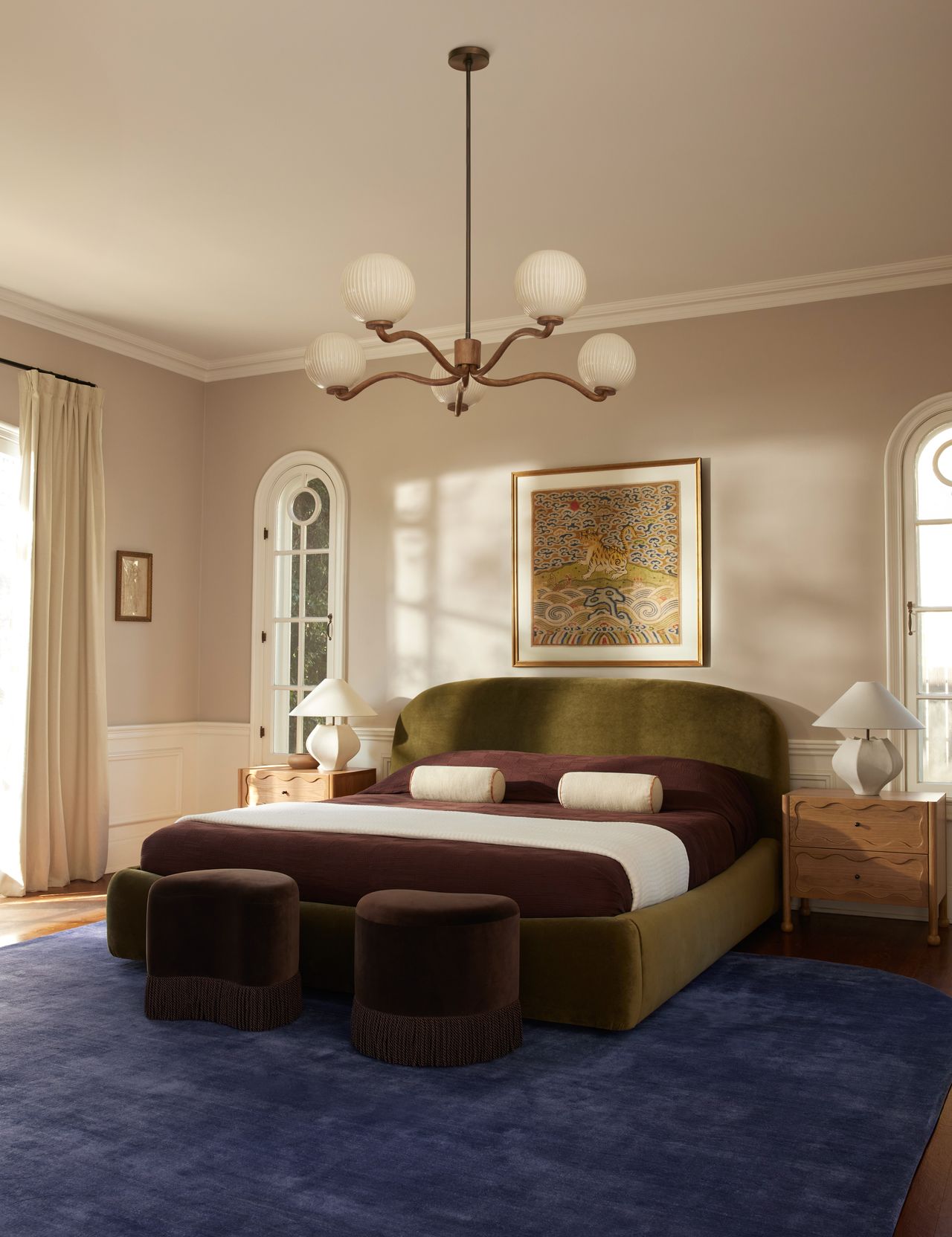 The Sutton Rug pictured with ottomans and light fixtures from Aimee Song's Lulu and Georgia collaboration