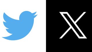 Twitter logo before and after - a blue bird and a white 'x' on black