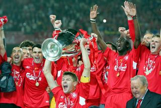 Steven Gerrard and his Liverpool team-mates celebrate with the European Cup after beating AC Milan on penalties in Istanbul in 2005.
