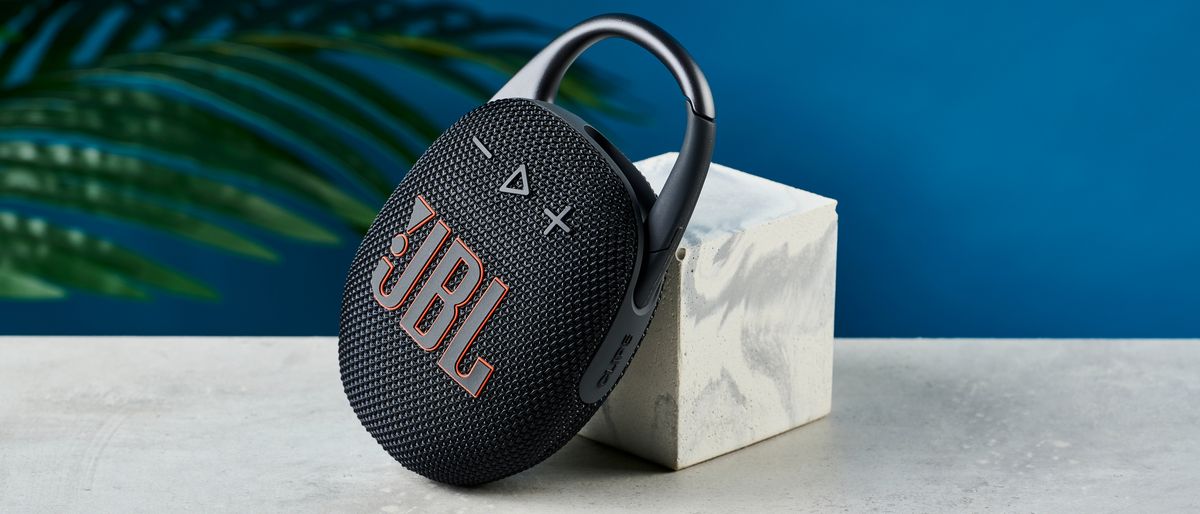 A black JBL Clip 5 portable Bluetooth speaker