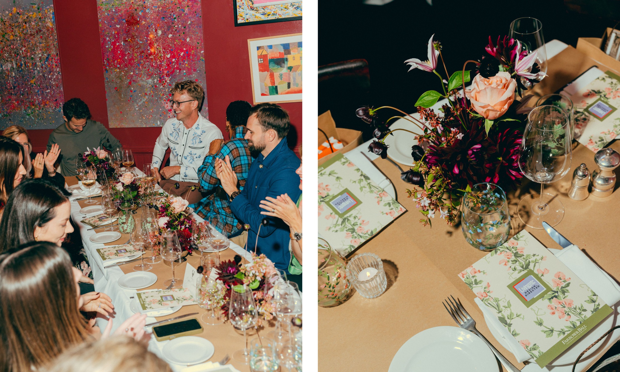 Two shots next to each other. On the left, designers gather around a dinner table. On the right, a placement with patterned menus and flowers