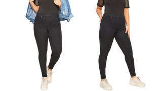 a side-by-side of a woman wearing the Yours Clothing Black Pull On JENNY Jeggings, one of w&h's best plus-size leggings picks, at two different angles
