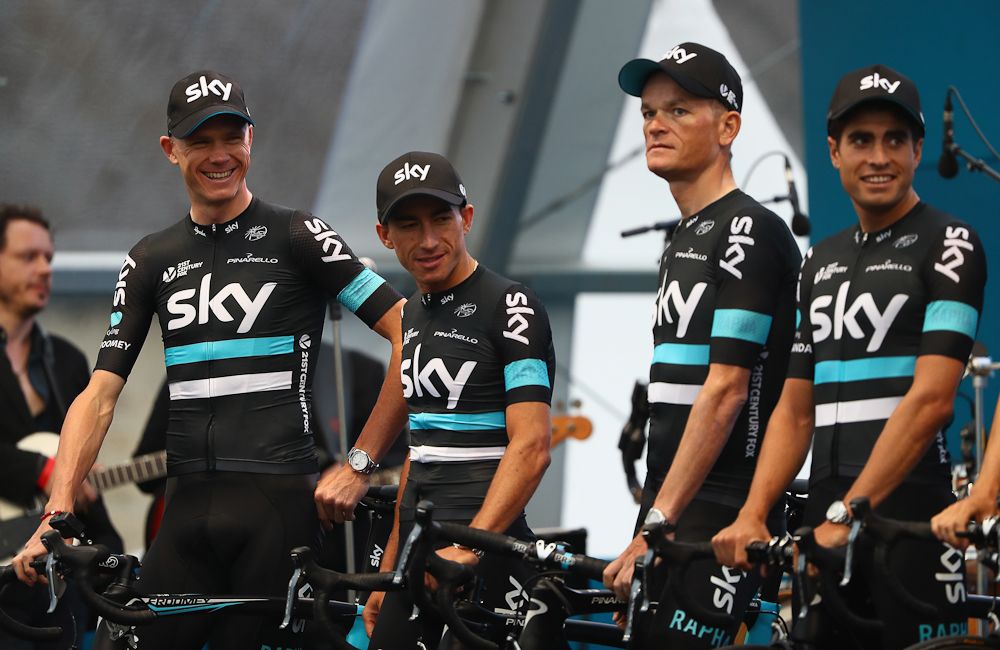 Chris Froome and his Sky teammates share a laugh on stage at the team presentation.