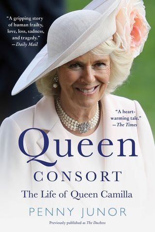 queen consort life of queen camilla book cover with a photo of camilla in a white suit and hat