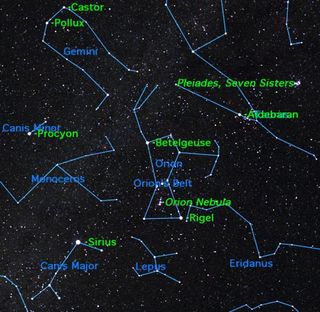 A view of the winter night sky showing where the constellation Orion will be visible.