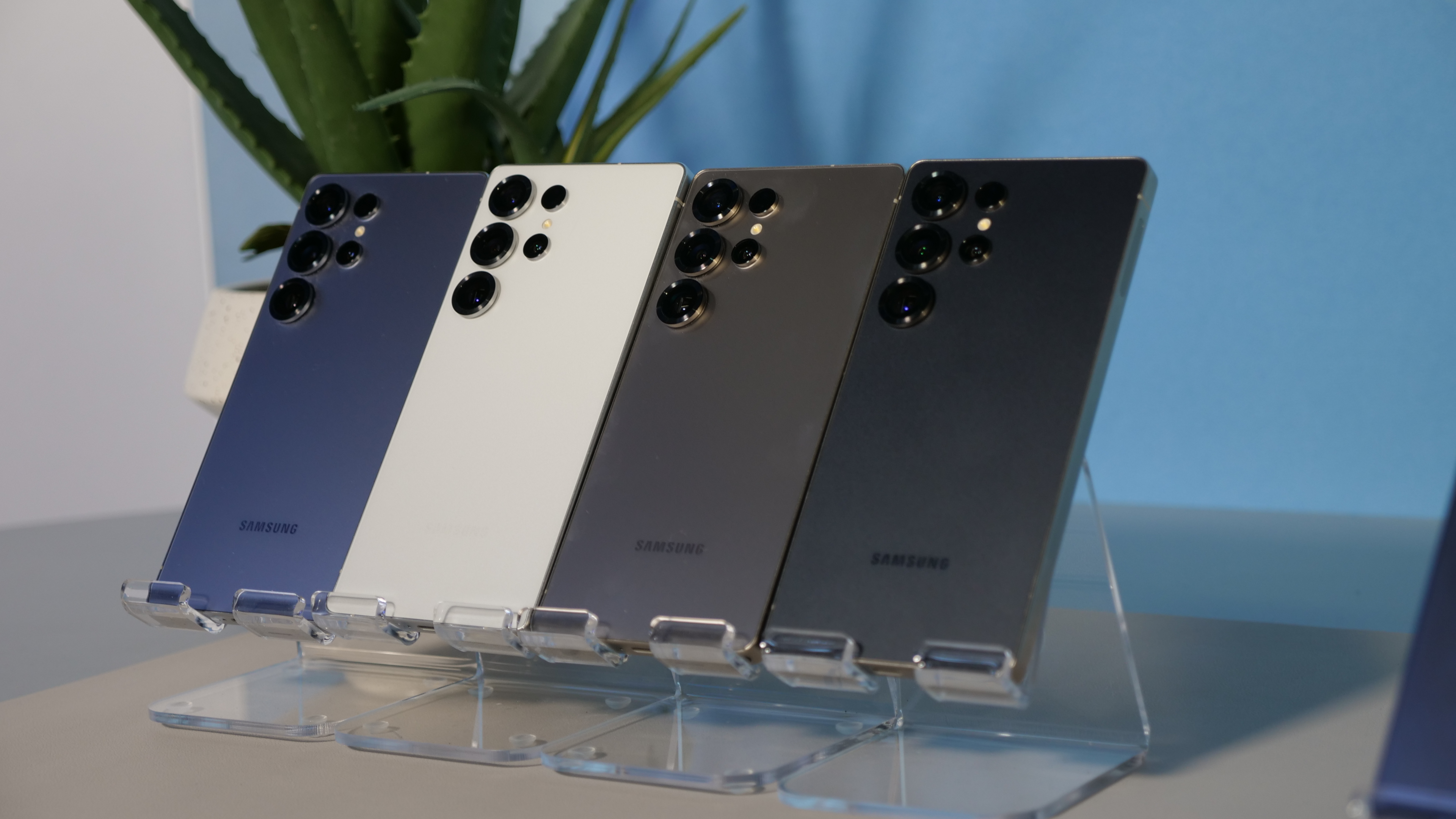 Samsung Galaxy S25 Ultra in all standard colors on clear displays.