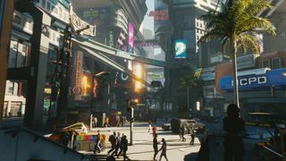 A busy Night City intersection in Cyberpunk 2077.