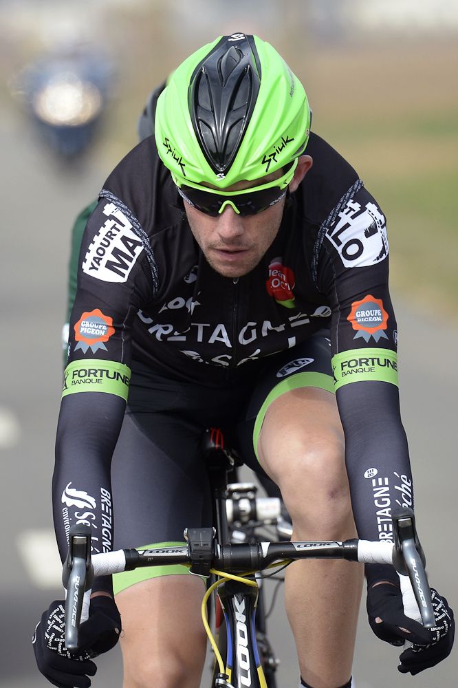 France's Anthony Delaplace and France's Thomas Voeckler (hidden) ride in a breakaway during the first stage of the 73rd edition of the Paris-Nice.
