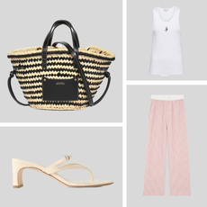 Product collage of By Malenie Birger Helsy Pants, Isabel Marant Cadix Mini Straw Top Handle, JW Anderson Logo Embroidered Cotton Tank Top, AEYDE Giselle Patent-Leather Sandals
