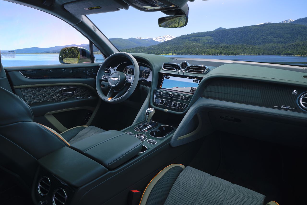 Detail of the Bentley Bentayga, in Alpine satin green, in Yellowstone National Park