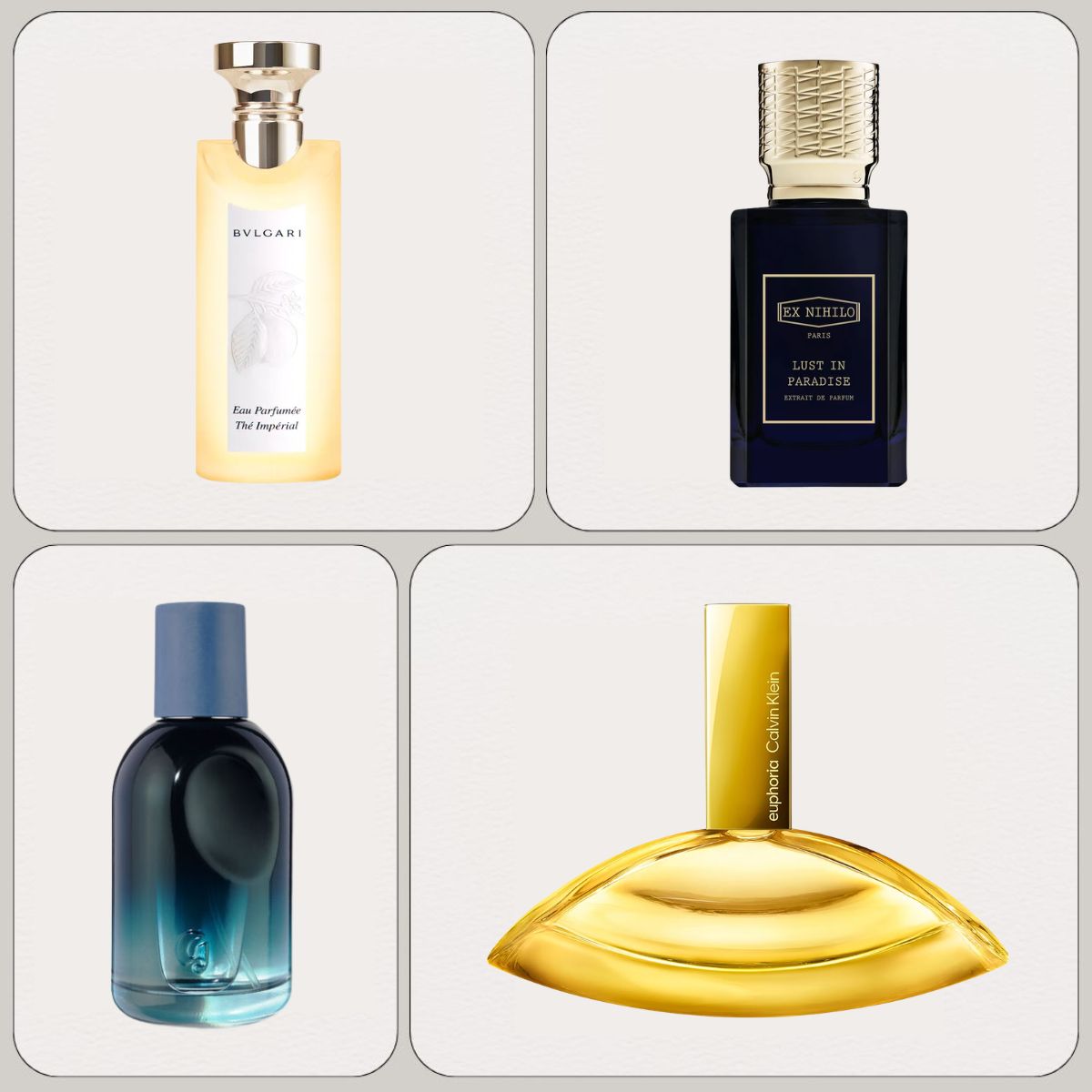 A collage of new perfumes from Bvlgari, Ex Nihilo, Glossier and Calvin Klein