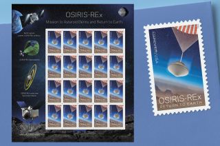 The new OSIRIS-REx Forever-denomination postage stamp comes in panes of 20 with images in the selvage depicting milestones from the asteroid sample return mission.